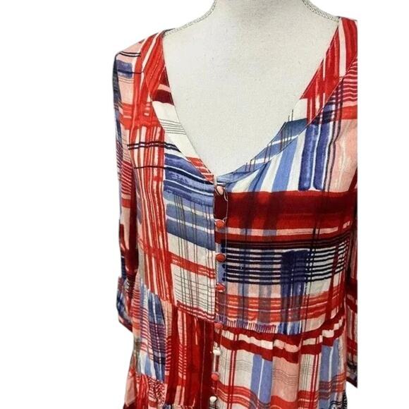 Maeve Anthropologie Lila Plaid Button Tiered Tunic Shirt Blouse Size Medium - Picture 3 of 6